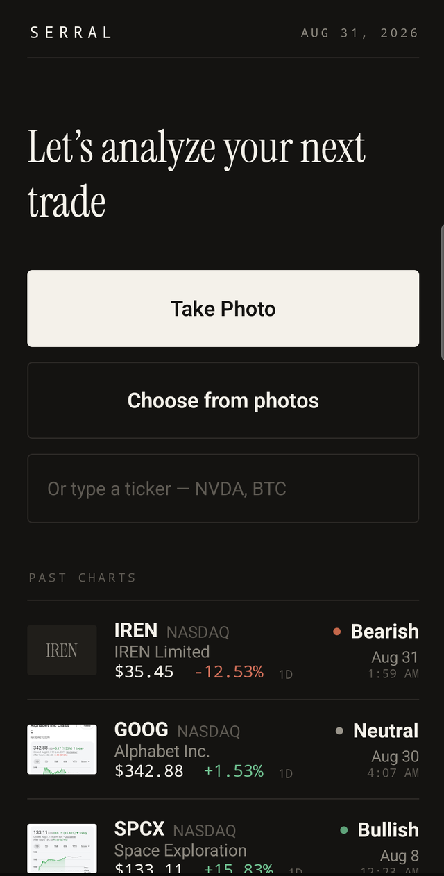 Serral home screen: Take Photo, Choose from photos, or type a ticker; past charts listed below.